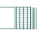 A green metal grid shelf with several rods.