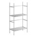 A chrome wire shelving unit with three shelves on it.