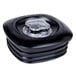 A stainless steel Waring blender container with a black lid.