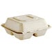 A white Tellus Products bagasse clamshell container with 3 compartments.