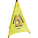 A yellow Lavex triangular wet floor sign with black text.