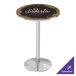 A Holland Bar Stool round bar table with a black surface and a logo on it.