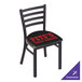 A black Holland Bar Stool chair with red text on the padded seat.