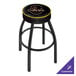 A black Holland Bar Stool with a yellow and black seat and a custom pink logo of text.