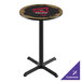 A brown and black Holland Bar Stool pub table with a red and black The Magic logo on it.