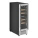 A compact, dual temperature commercial wine cooler with a full glass door and multiple wooden shelves.