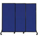 A blue rectangular Versare Quick-Wall room divider on wheels.