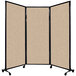 A Versare beige fabric room divider with wheels.