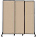 A Versare beige 3-panel sliding room divider with black frame and wheels.