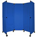 A blue rectangular Versare portable partition with black wheels.