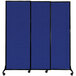 A blue room divider with black trim on wheels.