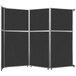 A black Versare folding room divider with silver trim.