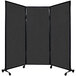 A Versare black portable room divider on wheels.