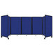 A blue Versare room divider with black trim on wheels.