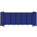 A blue rectangular room divider with a black border and wheels.