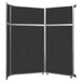 A black rectangular room divider with silver trim.