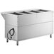 A large rectangular stainless steel steam table with four open wells.