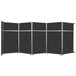 A black Versare operable wall room divider with silver trim.