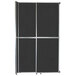 A black Versare sliding room divider with silver trim on a panel.