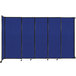 A blue straight wall mounted room divider with black metal frame.