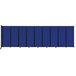 A blue room divider with black trim on the frame.