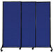 A blue rectangular Versare Quick-Wall room divider with black border on wheels.