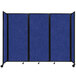A blue Versare SoundSorb folding room divider with black trim and four wheels.