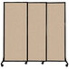 A Versare beige portable room divider with wheels.