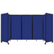 A blue rectangular Versare room divider with black trim on wheels.