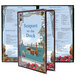 Seafood themed menu with a blue and white boat design on the right.