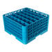 A blue plastic glass rack with 36 compartments and four extenders, designed for washing and transporting glassware.