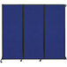 A blue Versare wall-mounted folding room divider with black trim.