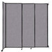 A Versare Cloud Gray StraightWall wall-mounted room divider with black wheels.