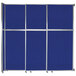 A blue rectangular Versare room divider with silver metal frames.