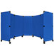 A blue Versare MP10 economical folding partition with black wheels.