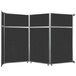 A black Versare folding room divider with silver trim.