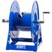 A blue Coxreels hand crank hose reel with a metal handle.