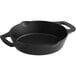 A black cast iron pan with two handles.