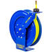 A blue Coxreels hose reel with a yellow handle.