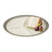A white GET Diamond Cambridge melamine plate with three compartments holding meat and fruit.