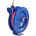 A blue Coxreels hose reel with a red hose.