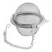 A stainless steel mesh tea ball infuser with a chain and hook.
