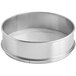 A round silver stainless steel sieve with a mesh inside.