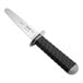 A Schraf clam knife with a black handle and silver blade.