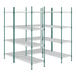 A white Regency wire shelving unit with green epoxy metal rods and white drop mat shelves.