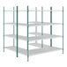 A green Regency wire shelving unit with four shelves.