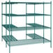 A green metal Regency wire shelving unit with four shelves.