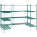 A green metal Regency wire shelving unit with four shelves.