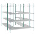 A green metal wire shelving unit with four shelves.
