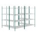 A white wire shelving unit with green metal rods and four shelves.